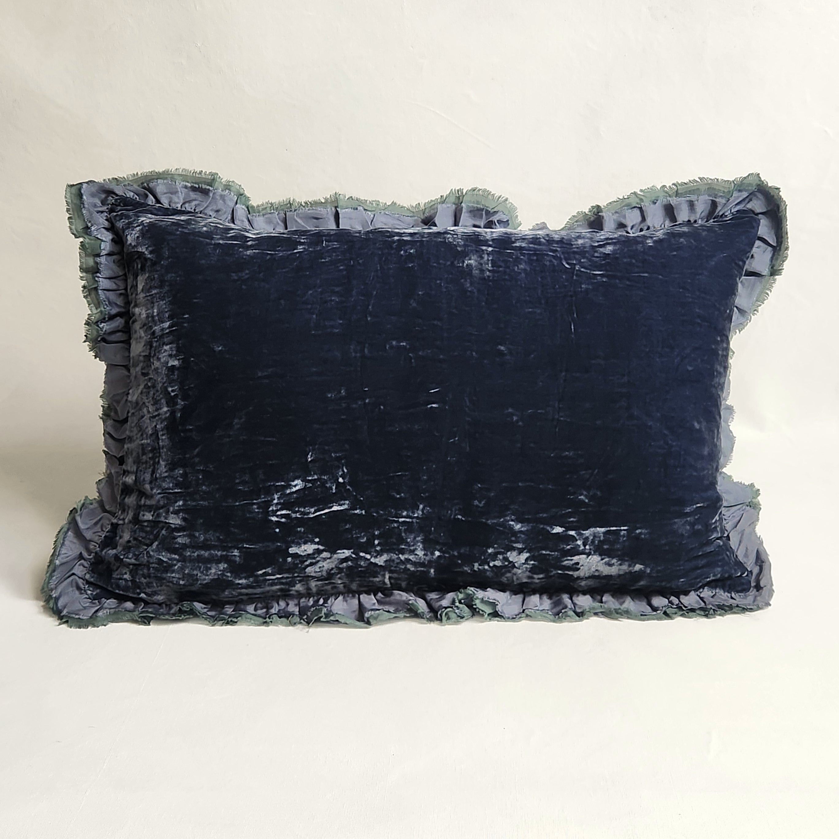 navy and green rectangular silk velvet cushion