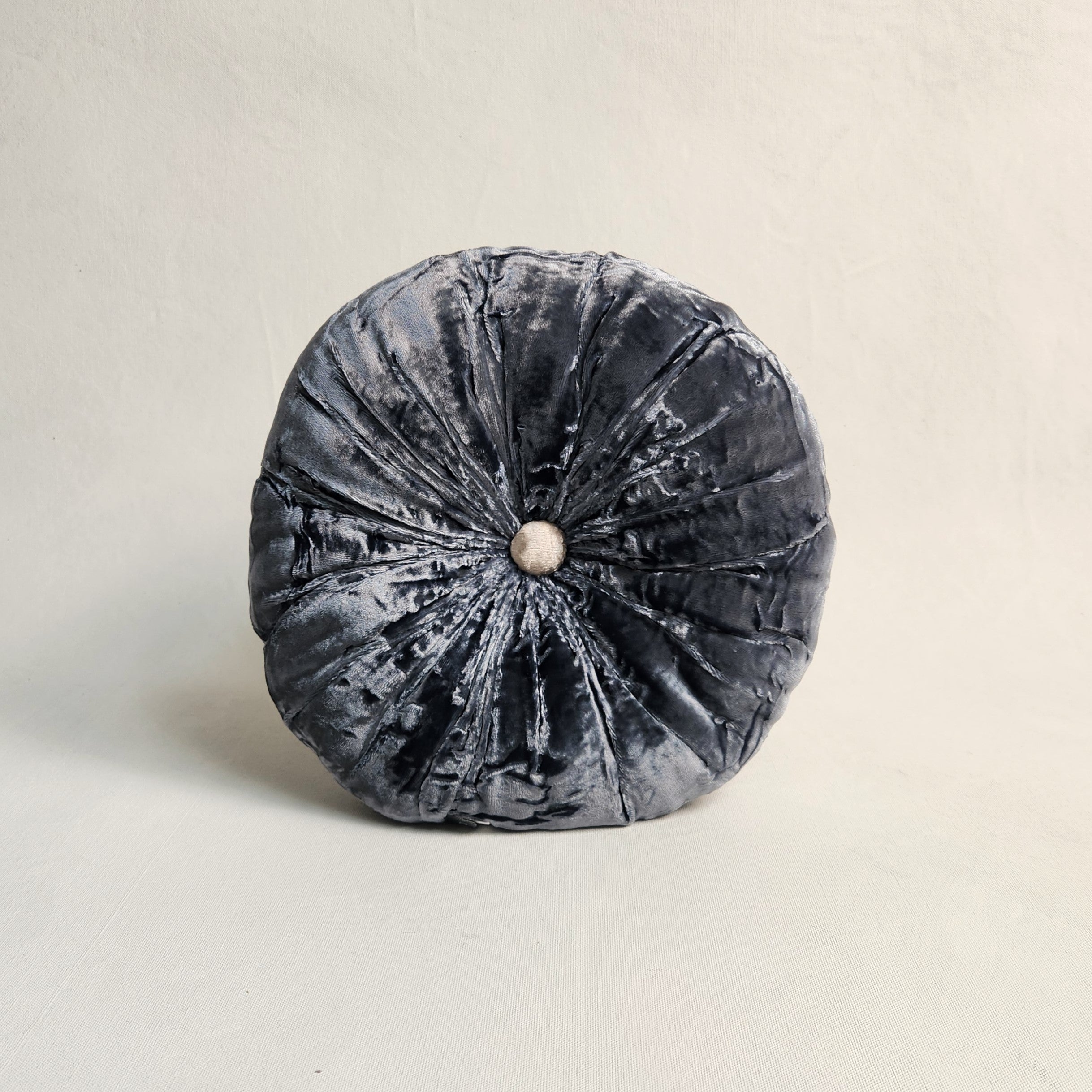 Round smoky blue silk velvet cushion