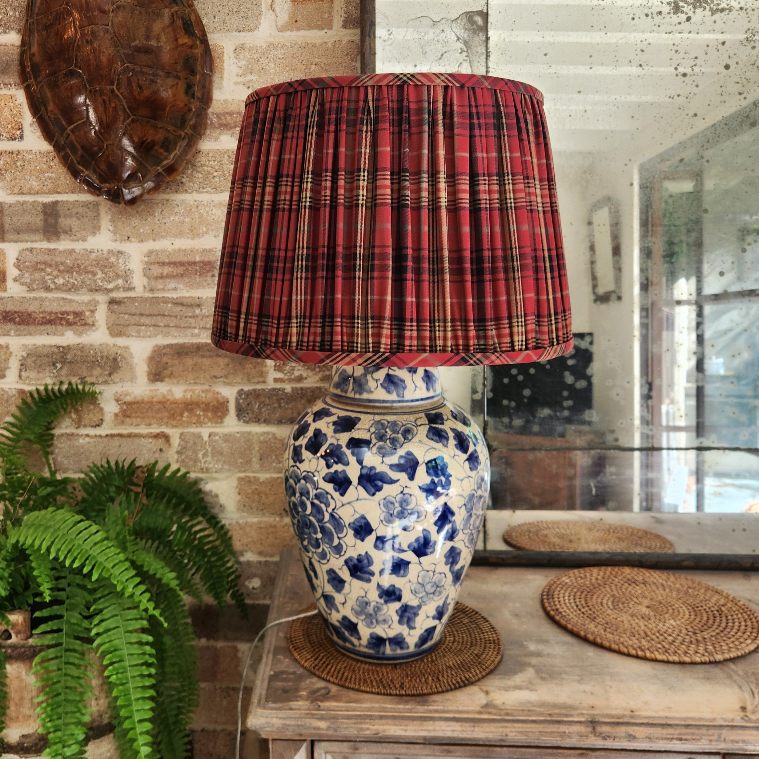 Vintage Hand Painted Melon Jar Lamp with Ralph Lauren Pleated Tartan Shade