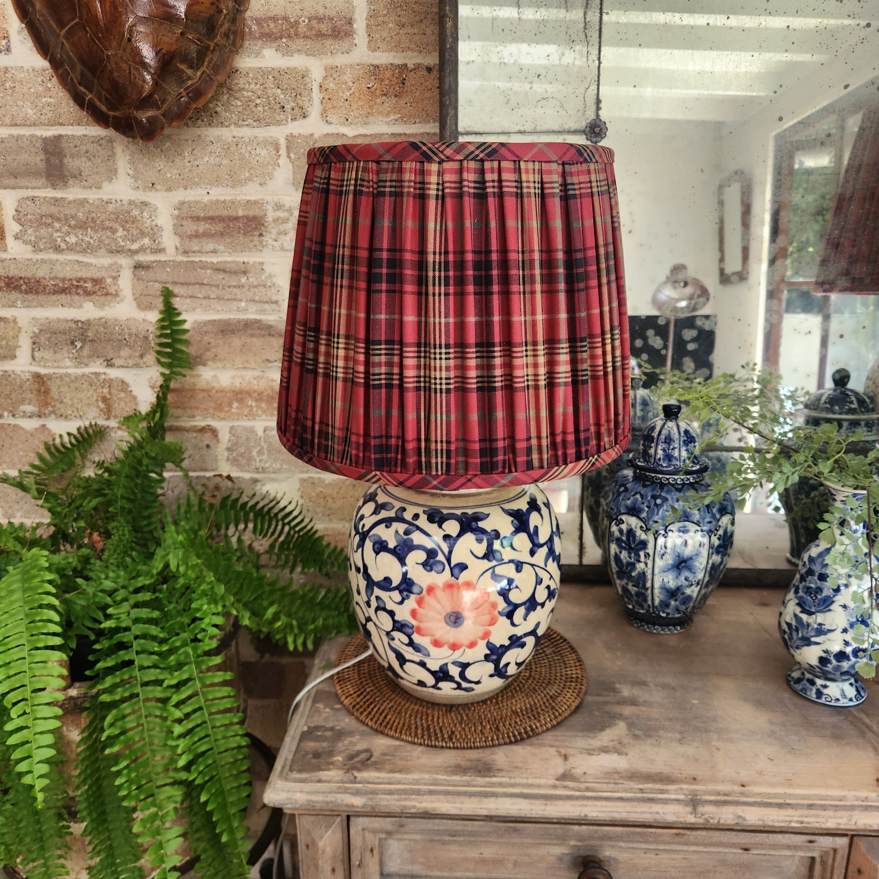 Vintage Hand Painted Melon Jar Lamp with Ralph Lauren Pleated Tartan Shade