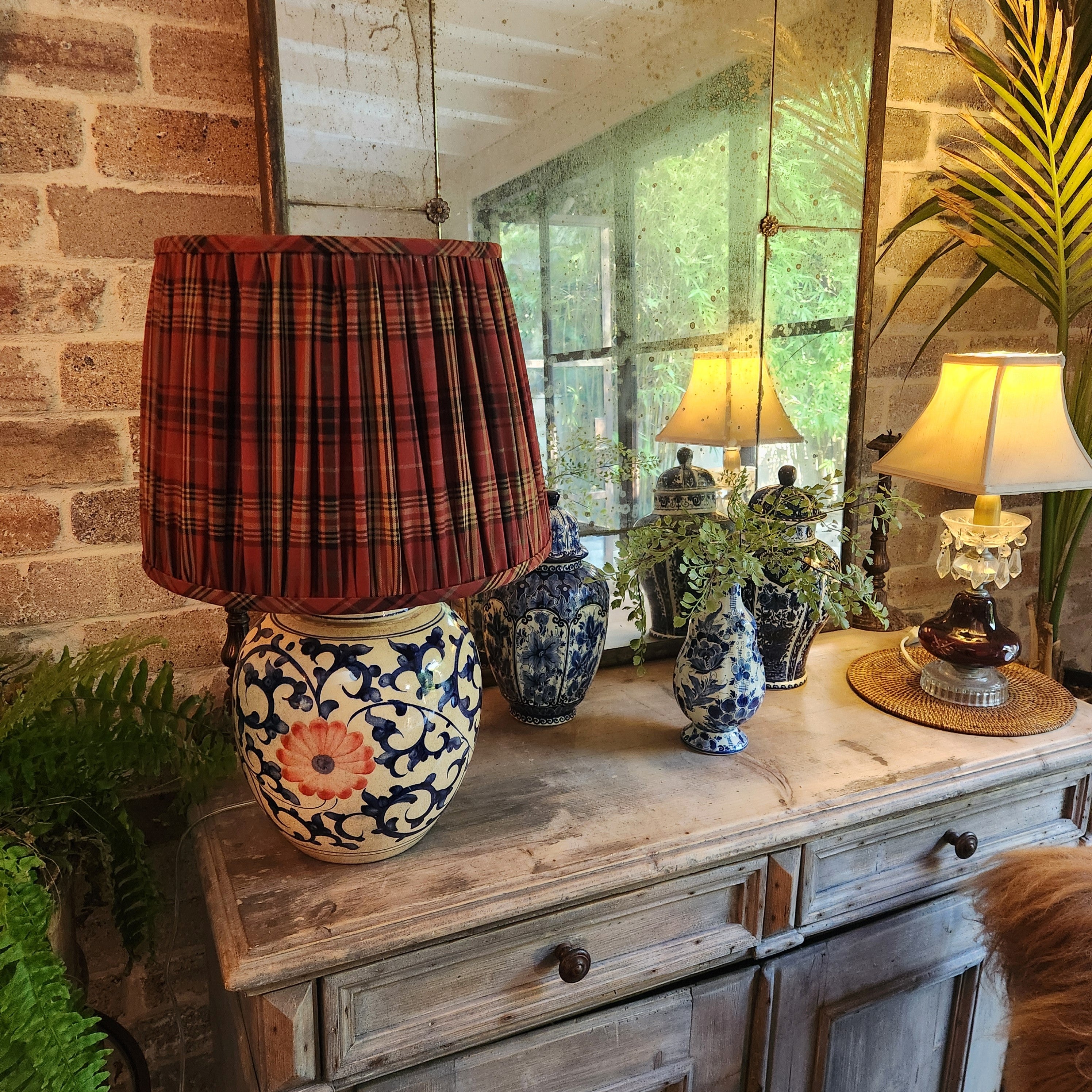 Vintage Hand Painted Melon Jar Lamp with Ralph Lauren Pleated Tartan Shade