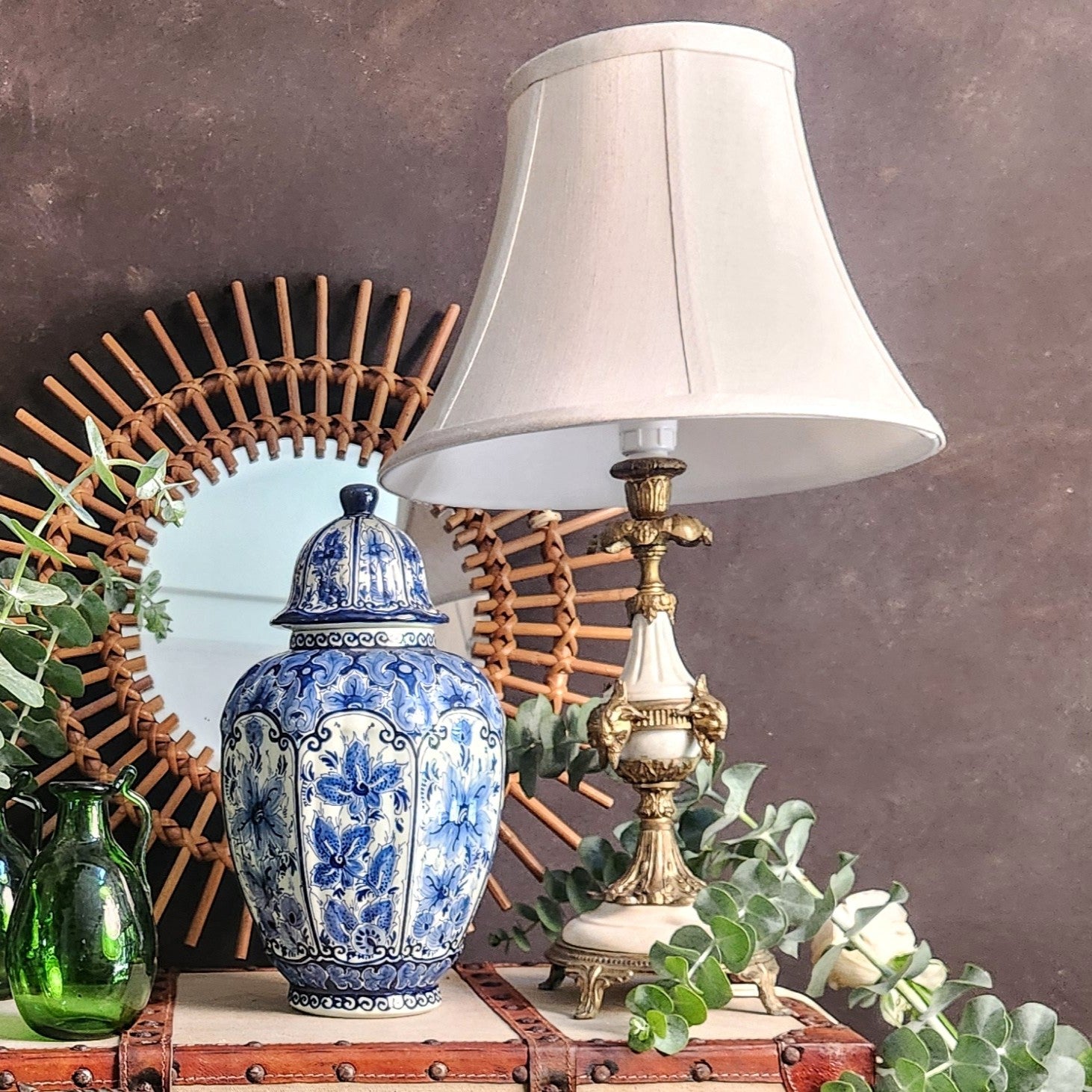 White Marble and Brass French Antique Lamp with Waisted Linen Shade