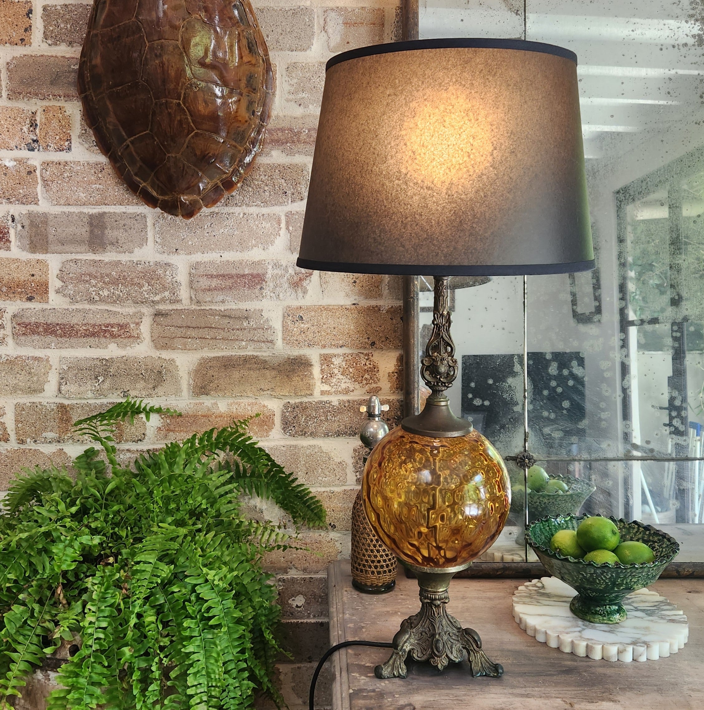 Vintage Amber Glass Brass Table Lamp with New Black Parchment Shade