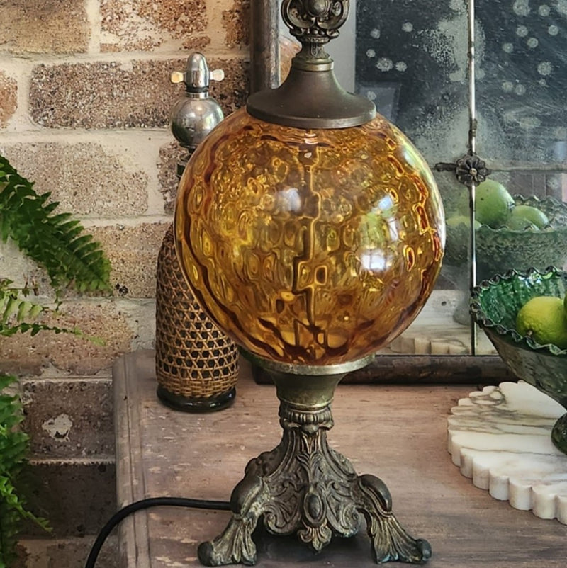 Vintage Amber Glass Brass Table Lamp with New Black Parchment Shade