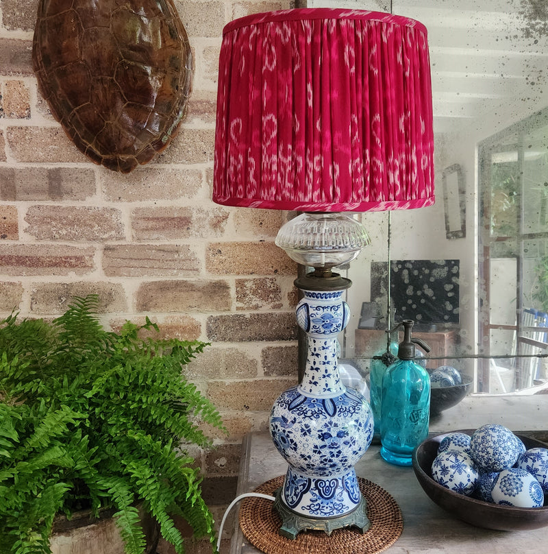 Glorious Blue and White Porcelain Lamp with New Crimson Pleated Ikat Shade