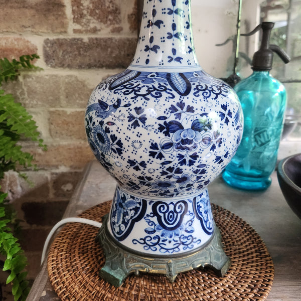 Glorious Blue and White Porcelain Lamp with New Crimson Pleated Ikat Shade