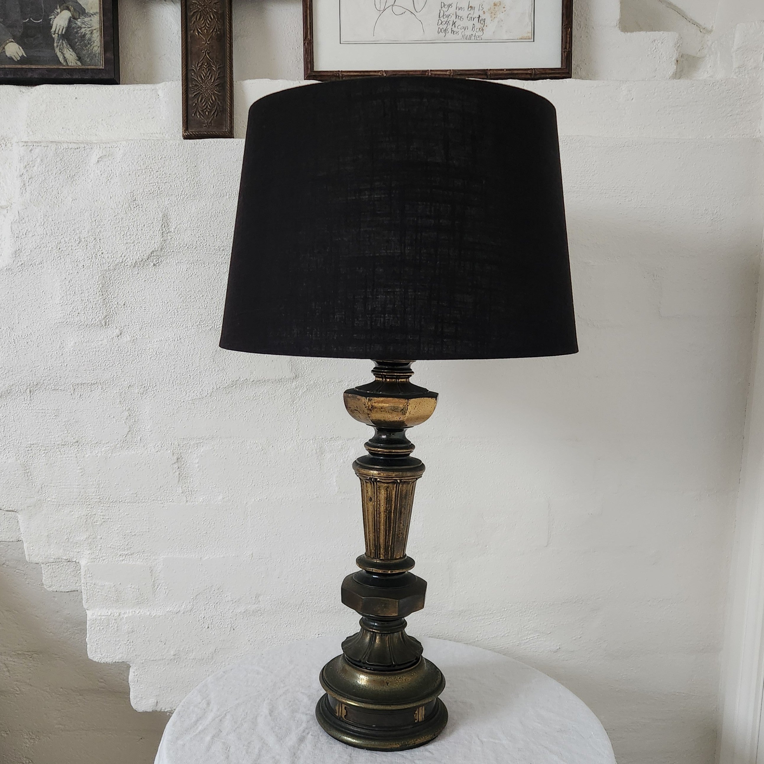Vintage Brass Column Lamp with Black Linen Shade