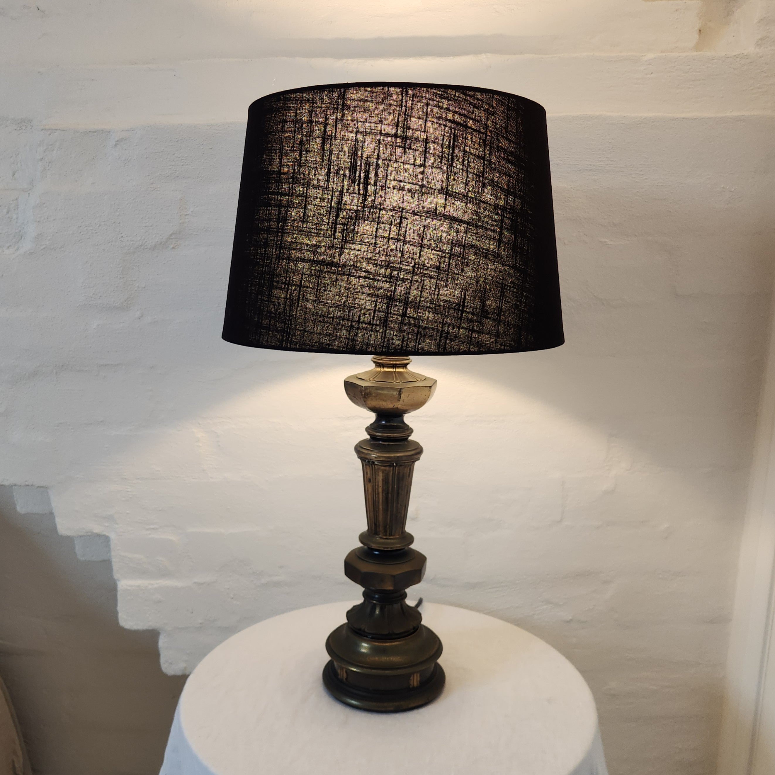 Vintage Brass Column Lamp with Black Linen Shade