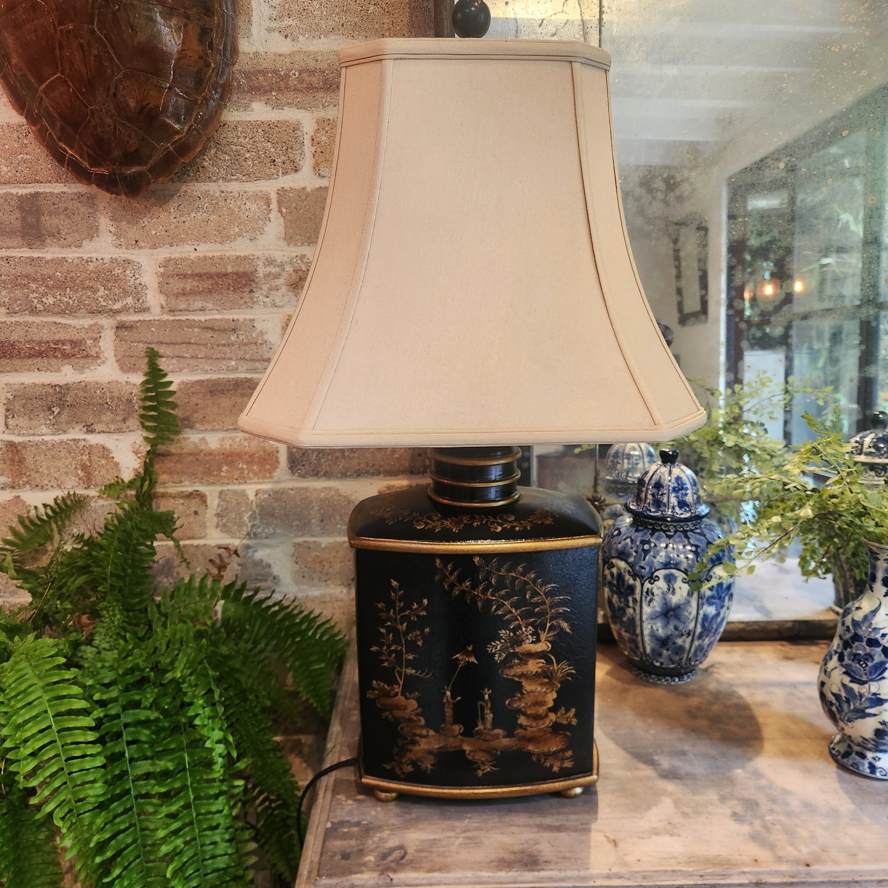 Large Chinoiserie Lamp with Waisted Piped Silk Shade