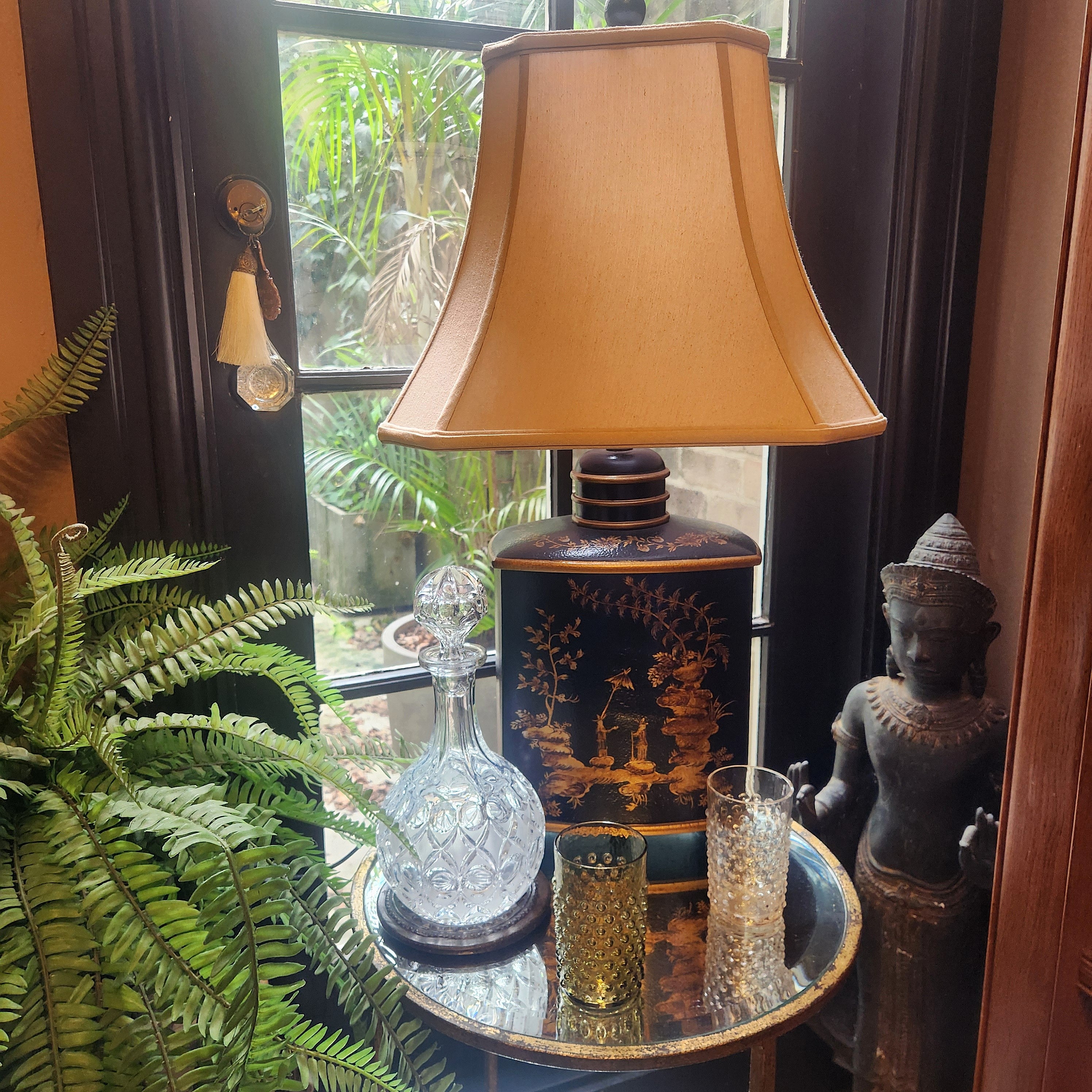 Large Chinoiserie Lamp with Waisted Piped Silk Shade