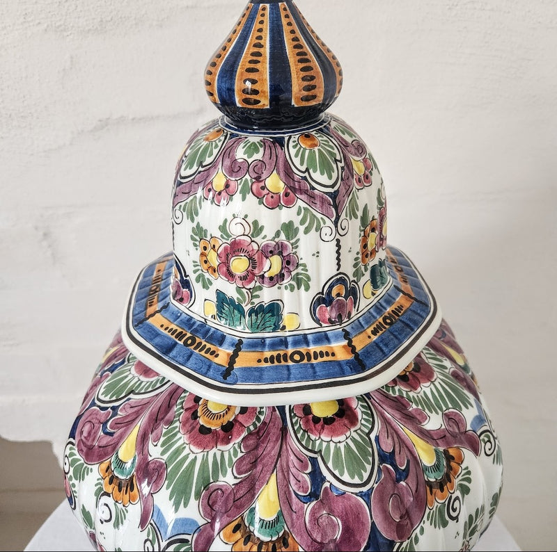 Glorious Large Polychrome Dutch Delft Lidded Pot