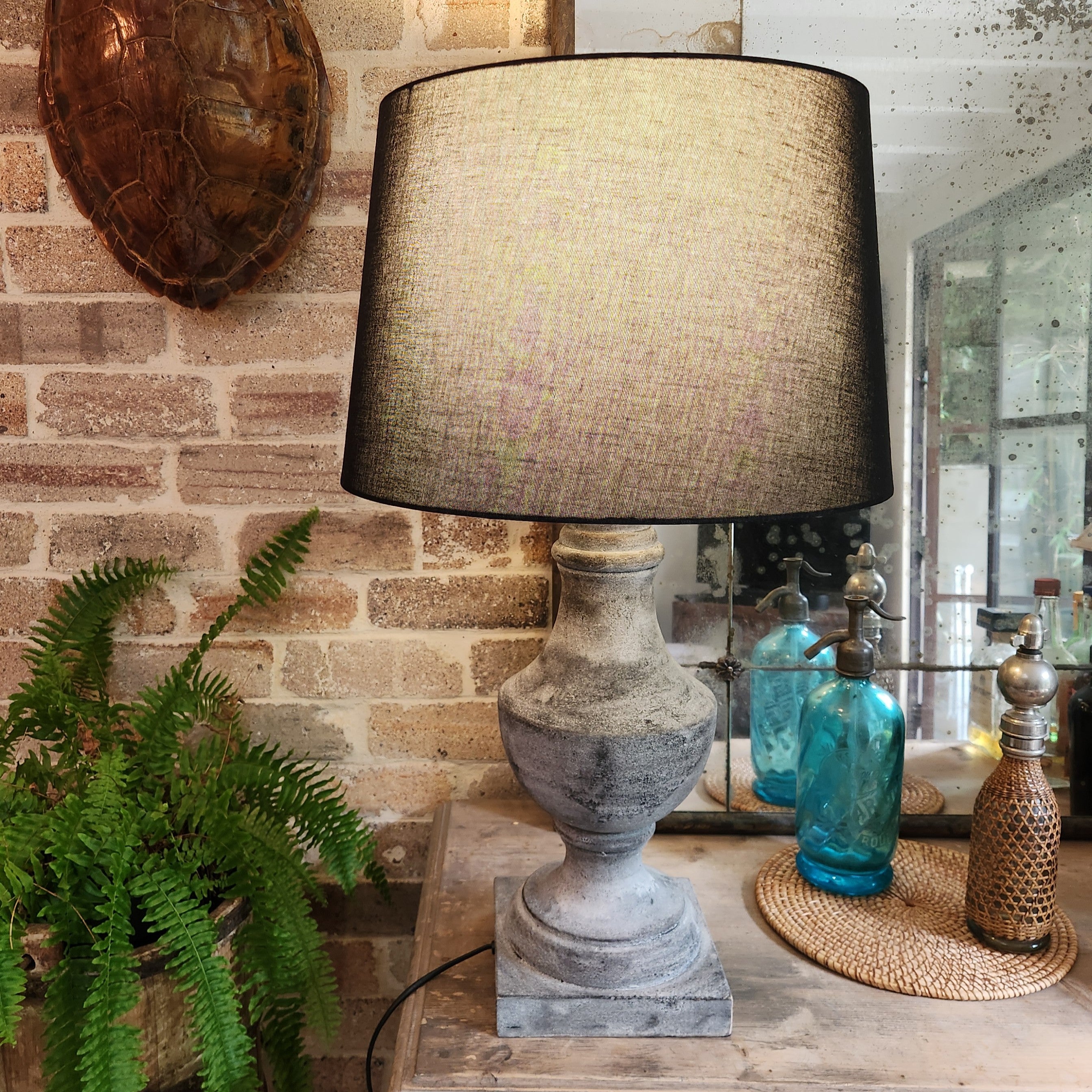 Grey Baluster Lamp Base with Black Linen Shade