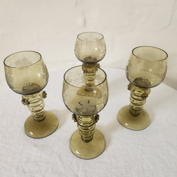 Four Small Vintage Hand-blown Green Glasses
