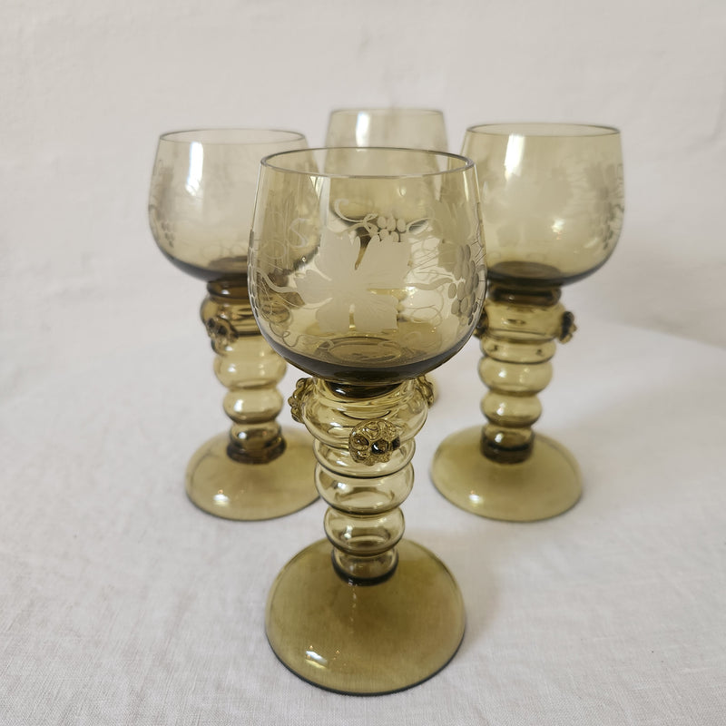 Four Small Vintage Hand-blown Green Glasses