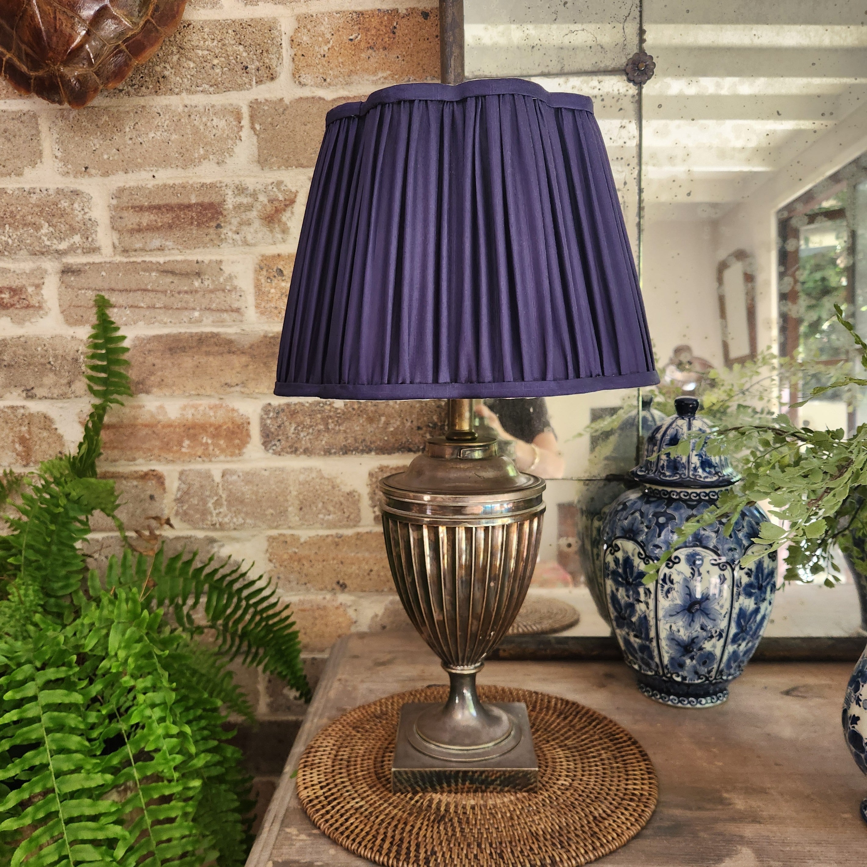 Antique (Circa 1890) Silver Urn Lamp with Navy Silk Shade