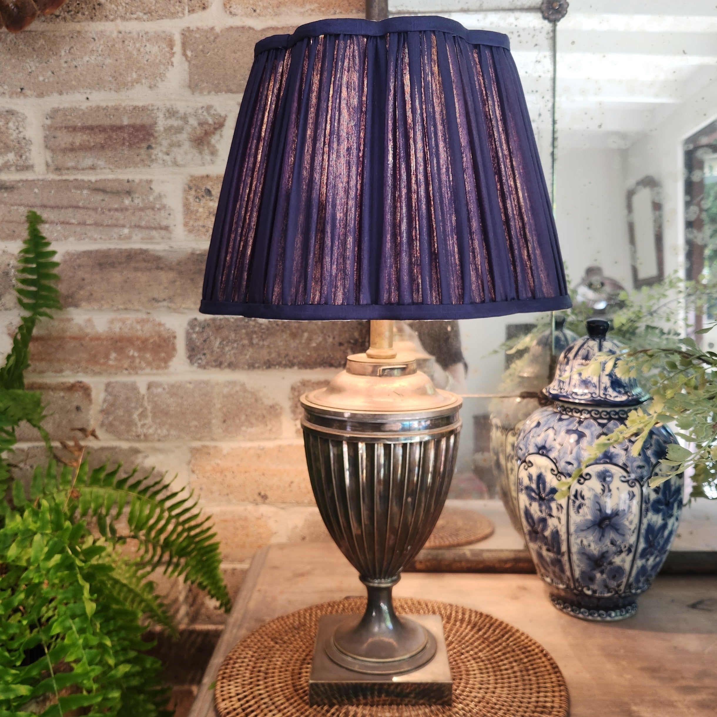 Antique (Circa 1890) Silver Urn Lamp with Navy Silk Shade