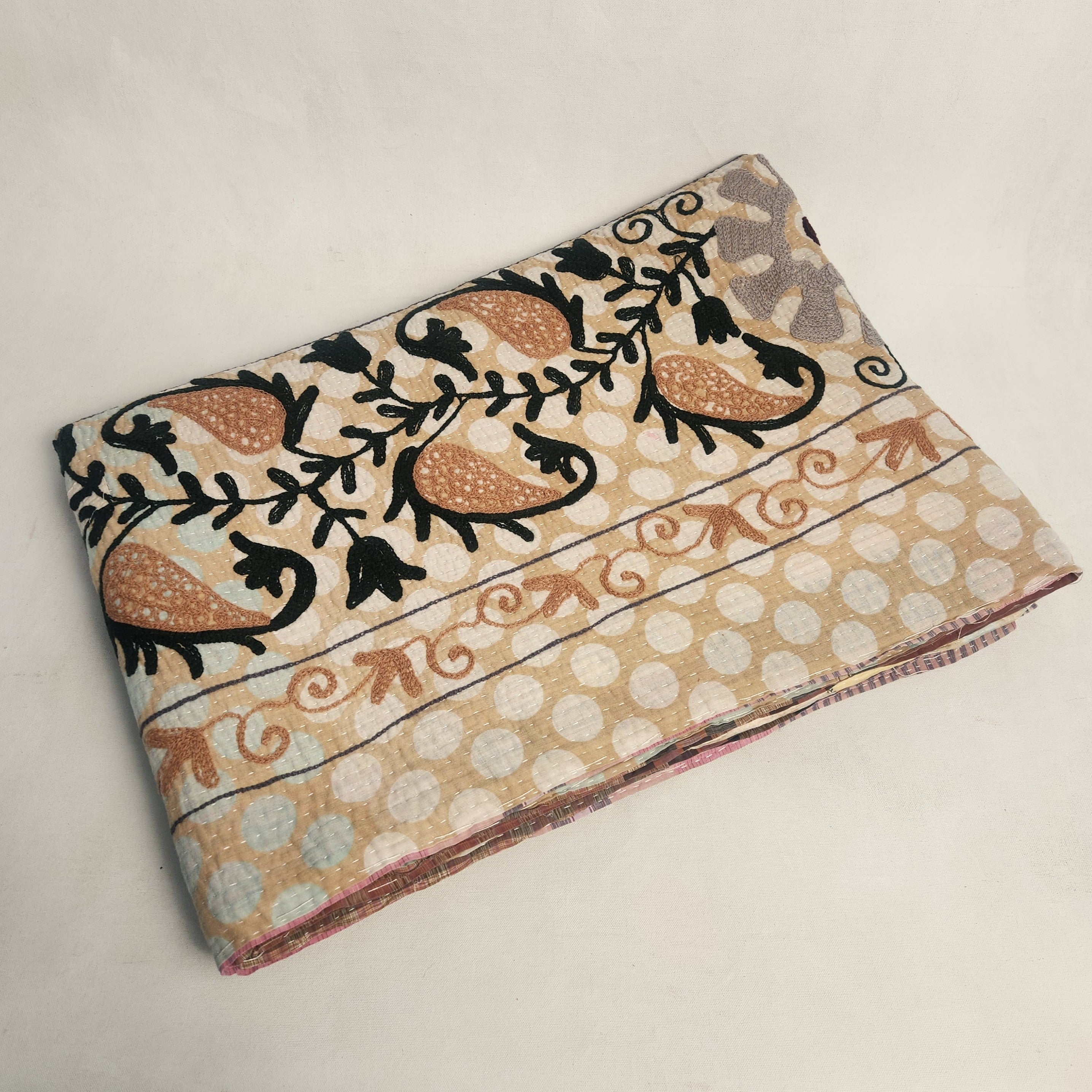 Vintage Suzani Kantha Throw - Peach Grey