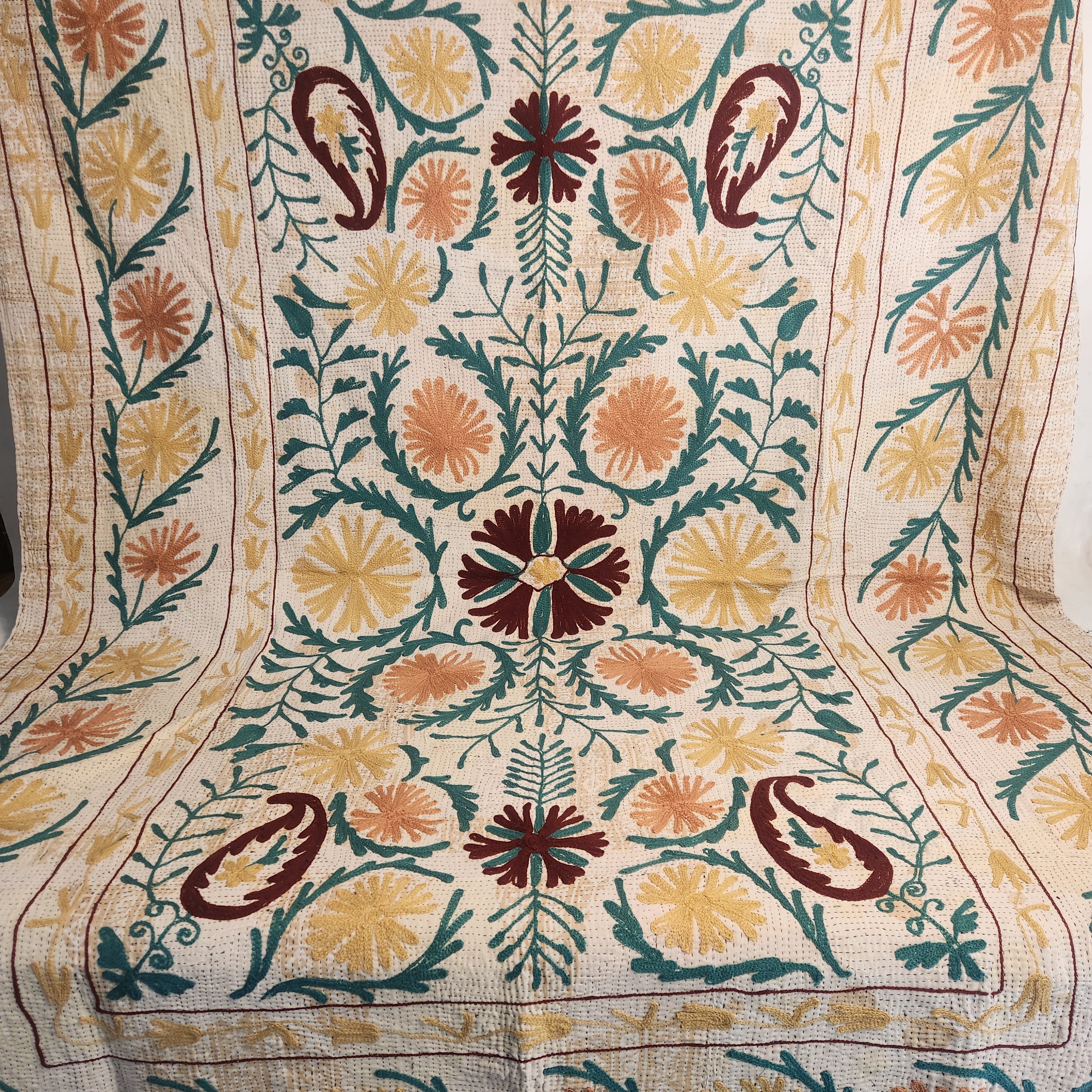 Vintage Suzani Kantha Throw - Teal Ochre Apricot
