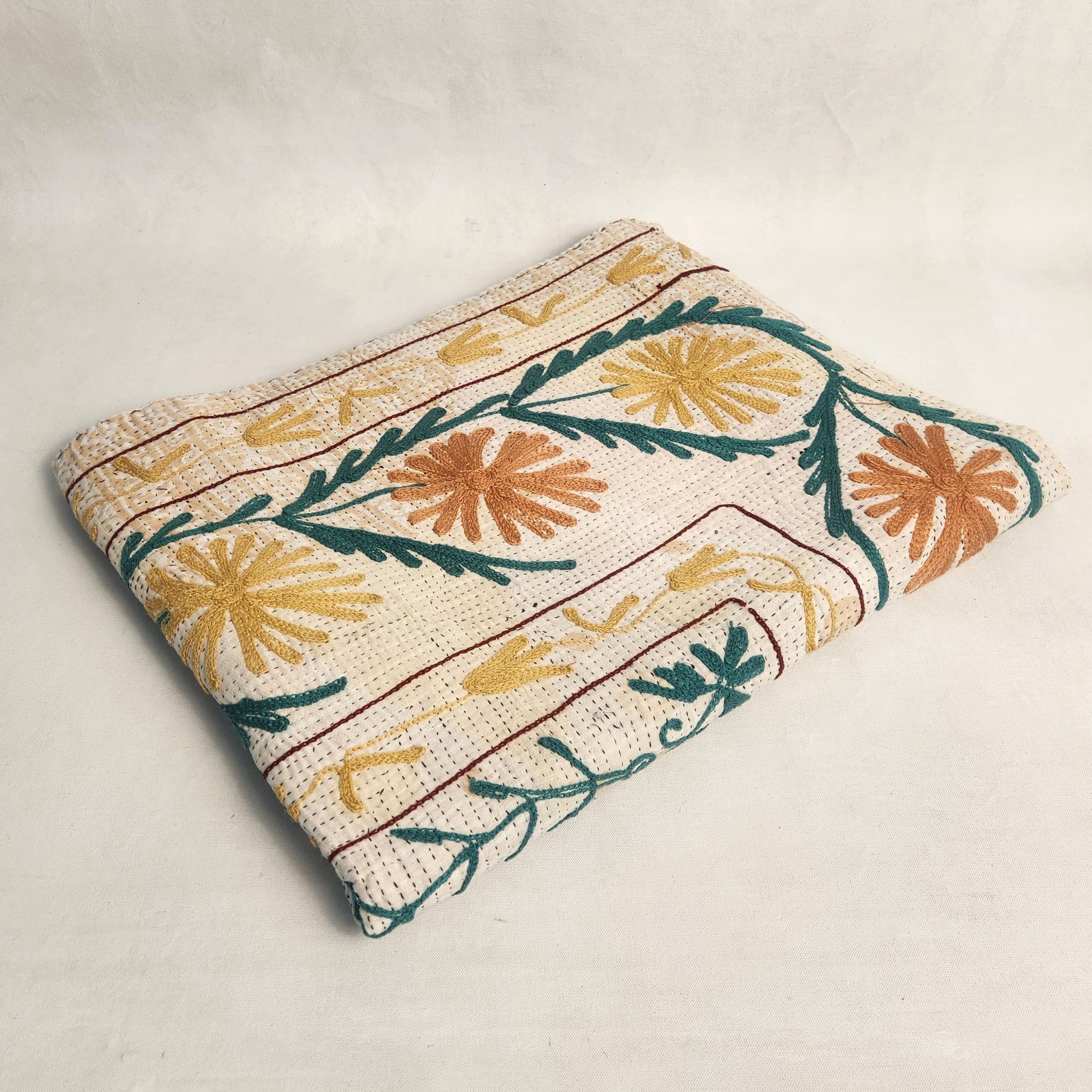 Vintage Suzani Kantha Throw - Teal Ochre Apricot