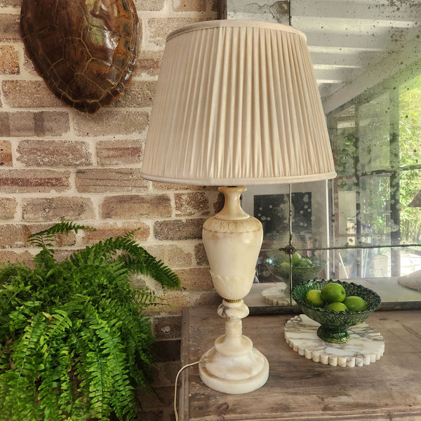 Antique Carved Alabaster Lamp with Pleated Off White Custom Shade ...