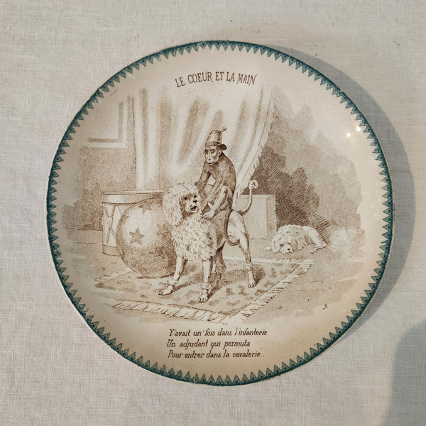 Antique French Opaque De Sarreguemines Talking Plate - Le Coeur et la Main