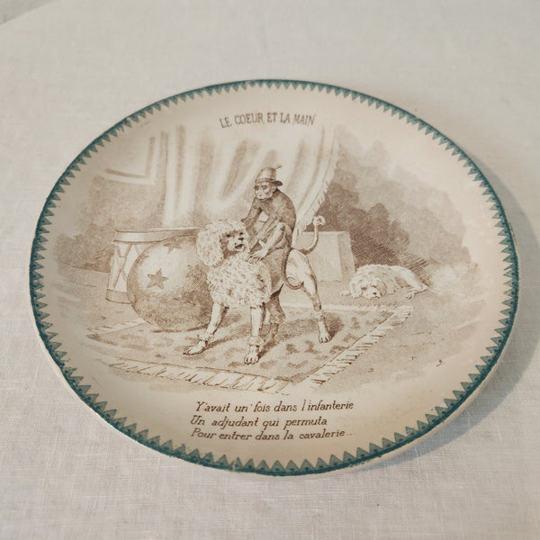 Antique French Opaque De Sarreguemines Talking Plate - Le Coeur et la Main