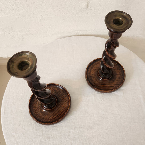 Antique Belgian Oak Twist Candlestick Pair