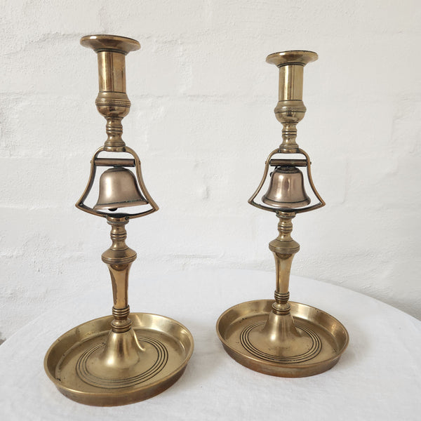 A pair of Early 1800's English Solid Brass Candlesticks with Ringing Bell