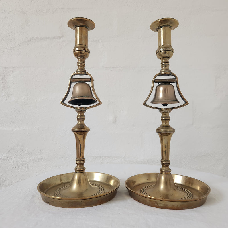 A pair of Early 1800's English Solid Brass Candlesticks with Ringing Bell