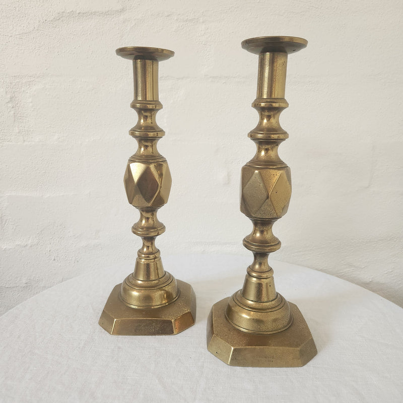 Antique Brass Candlestick Pair ‘King of Diamonds’