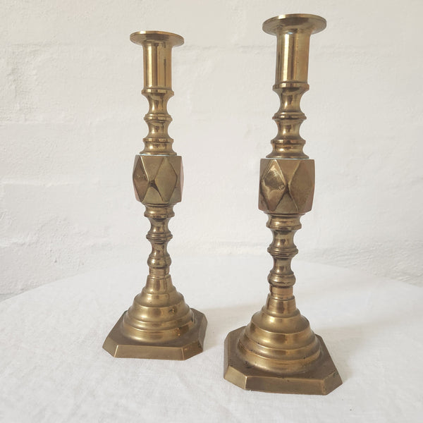 Antique Brass Diamond Candlestick Pair