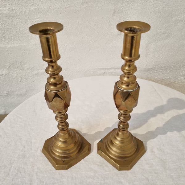 Antique Brass Diamond Candlestick Pair