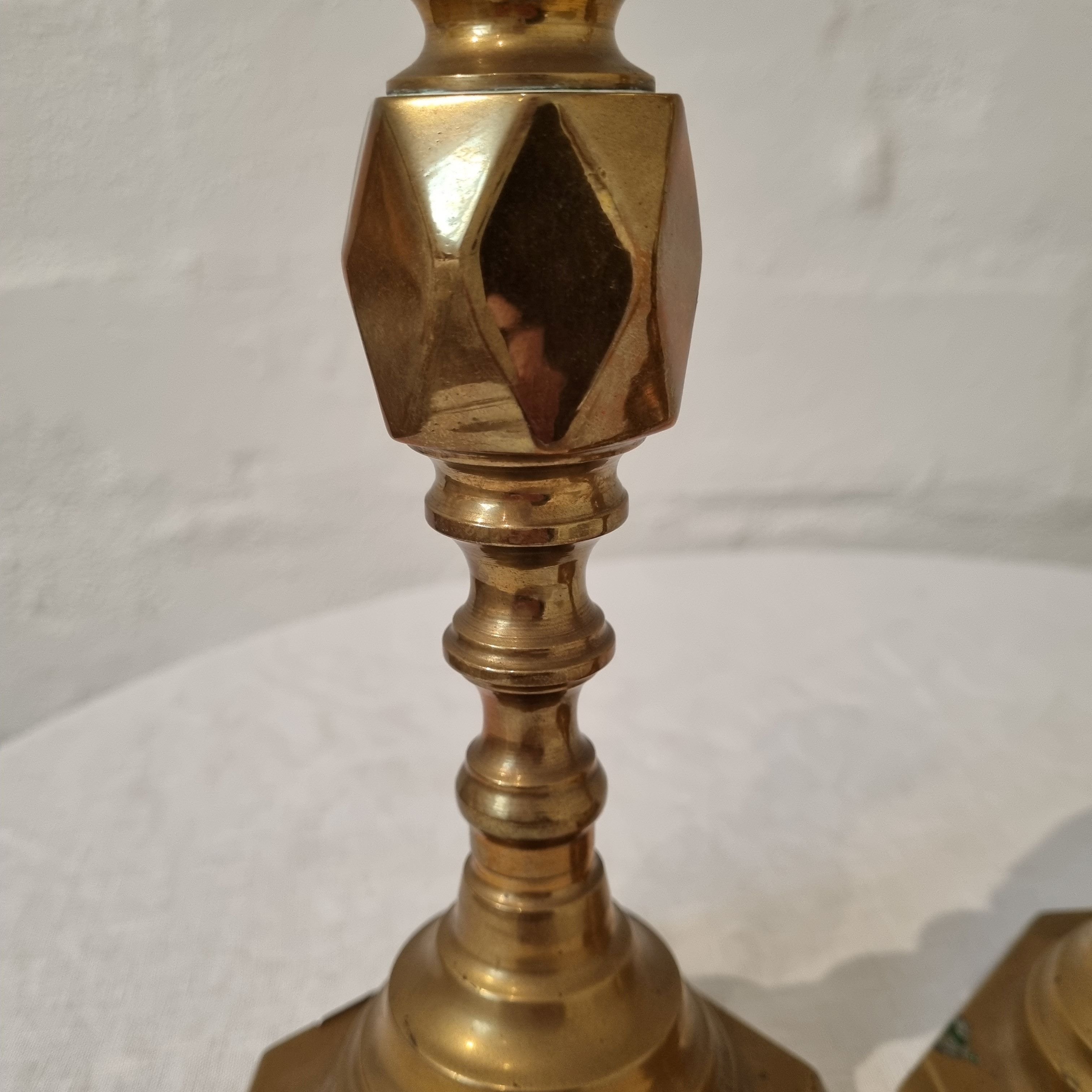 Antique Brass Diamond Candlestick Pair