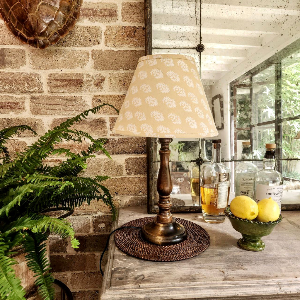 Vintage Wooden Turned Lamp Base with Block Printed Shade Love