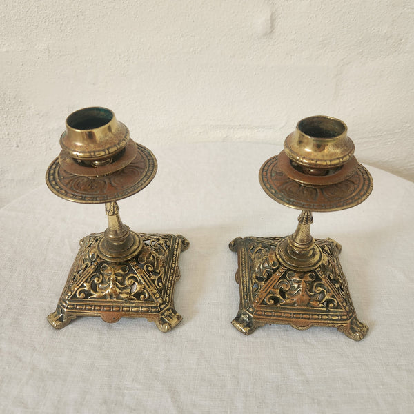 Ornate Petite Brass on Copper Vintage Candlesticks