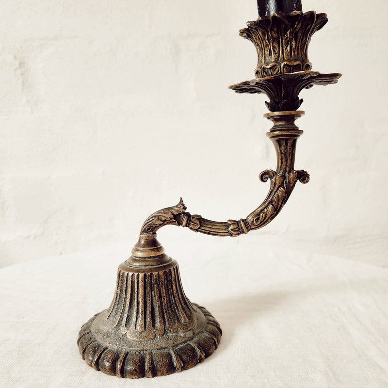 Single weighty brass cast bronze floral curved candlestick