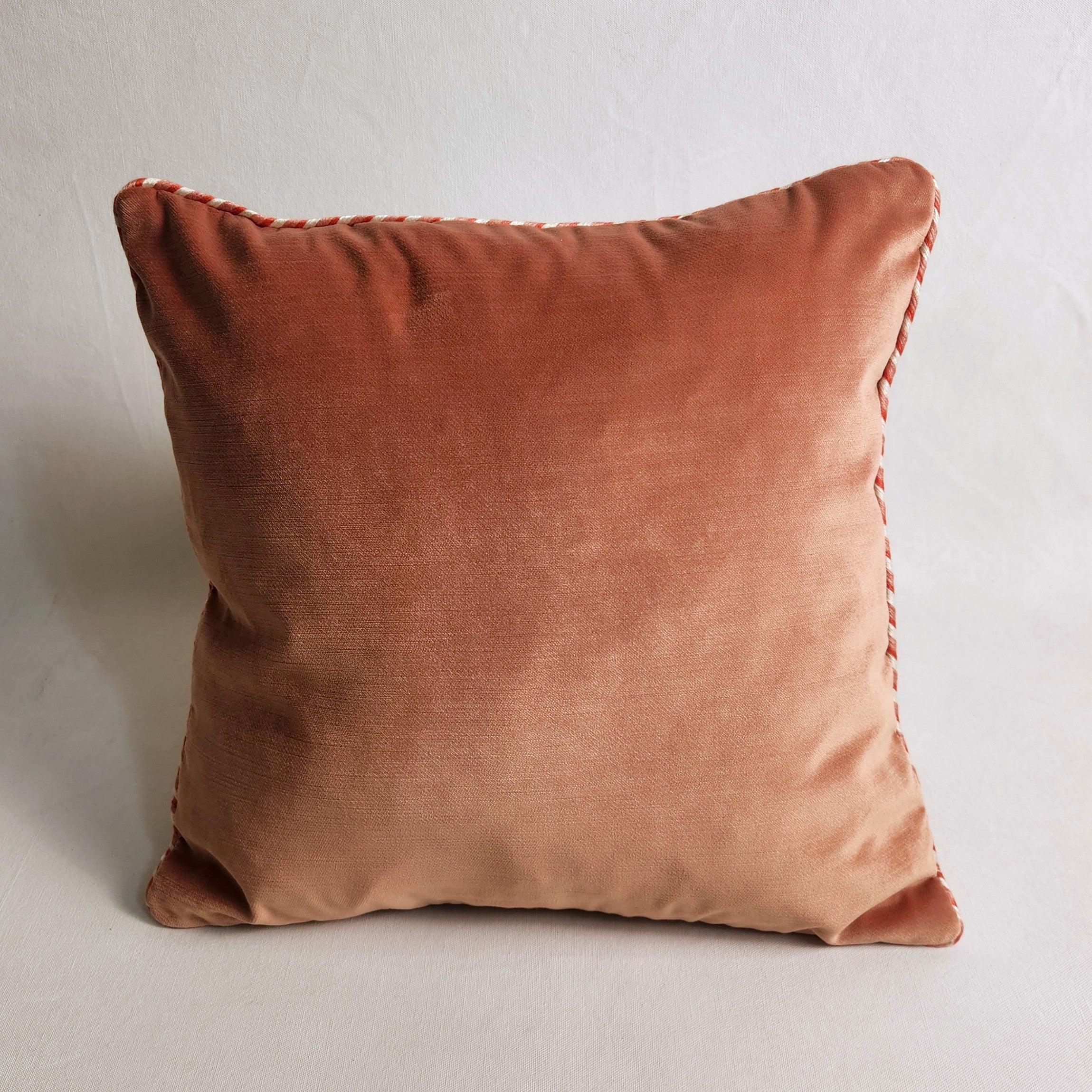 A square pink peach velvet throw pillow with decorative braided cord trim along the edges, set against a neutral light gray background.