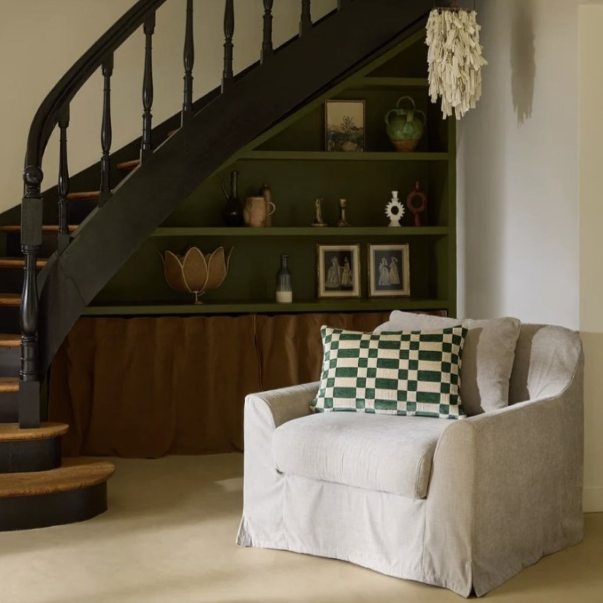 Tcheky Rectangular  Cushion - Ecru & Green