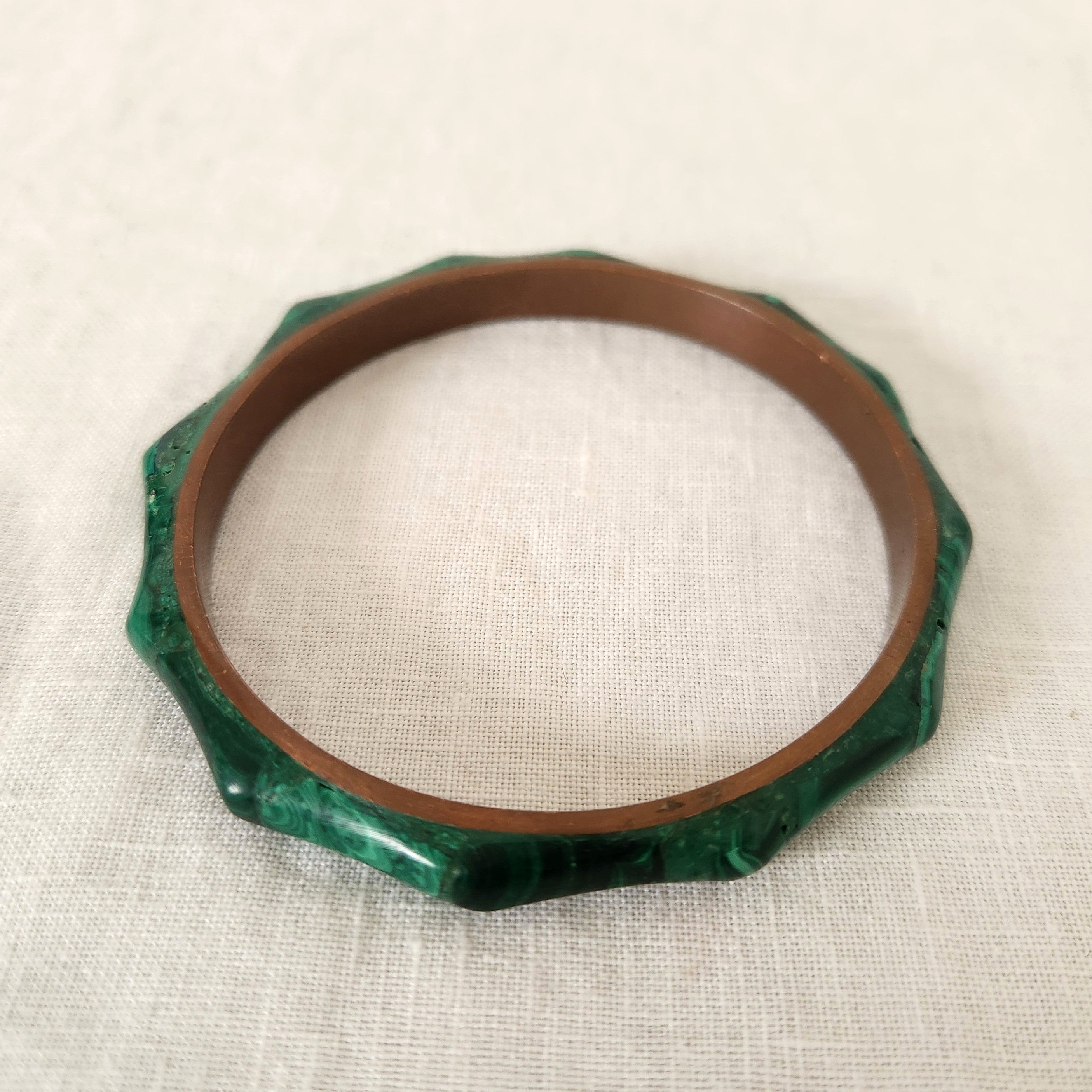 Vintage Carved Malachite Bangle with Copper interior