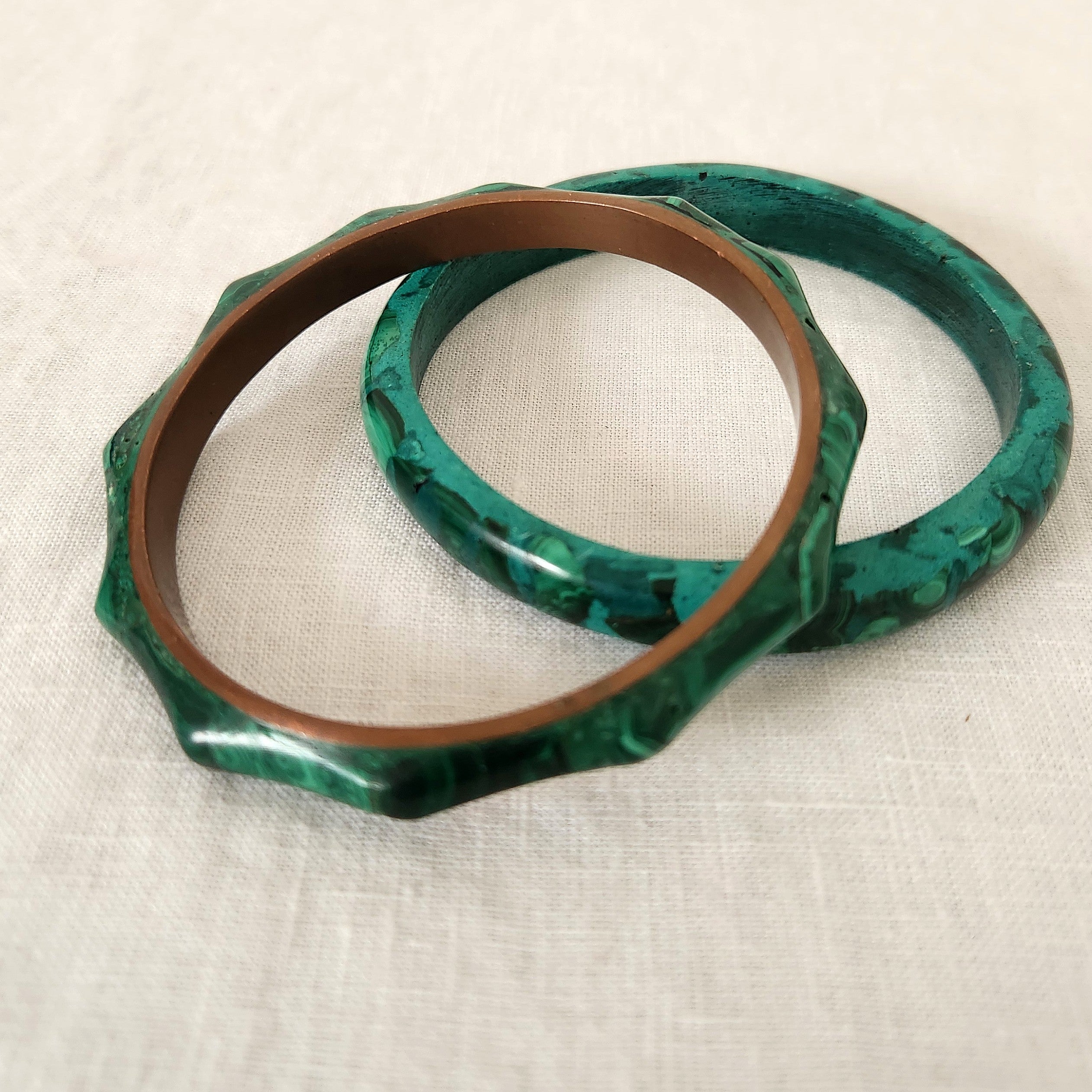 Vintage Carved Malachite Bangle with Copper interior