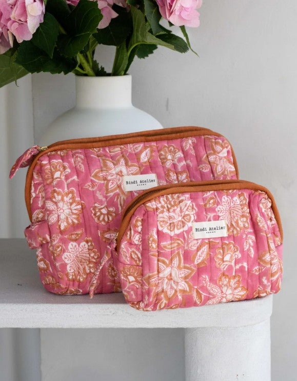 Pink floral block printed French toiletry bag