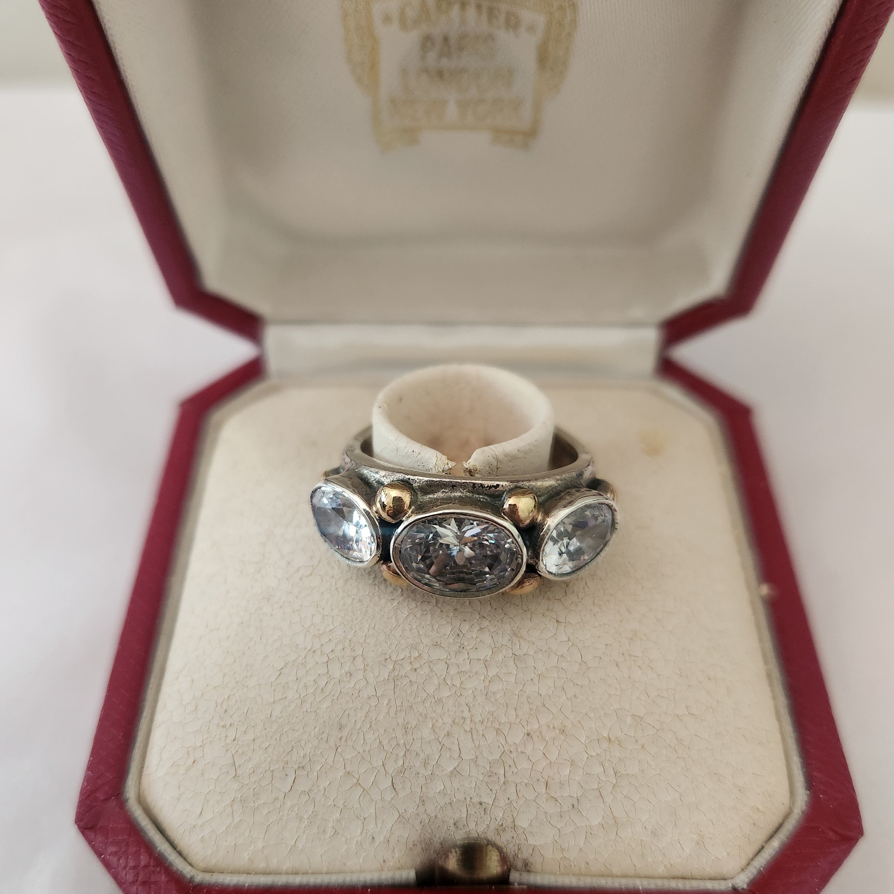 "Adelina" East-West Set Zirconia, 9ct Gold and sterling silver ring