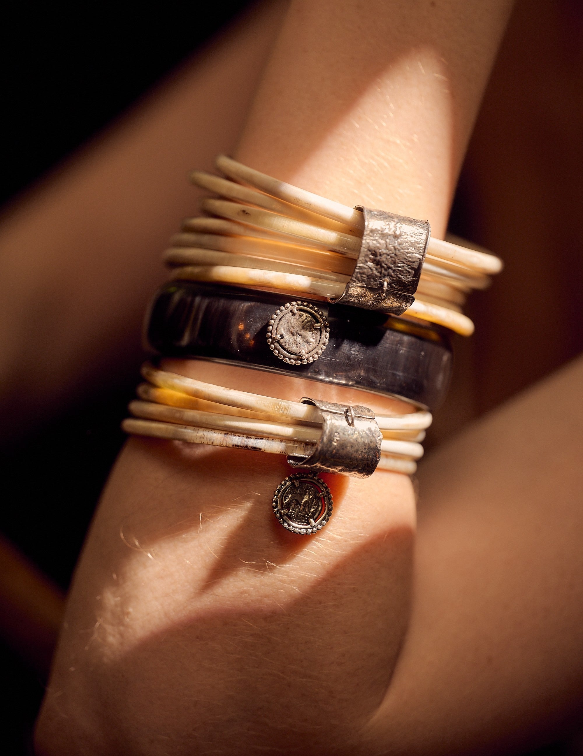 Buffalo Bangle Cluster of Four with Silver plated coin.