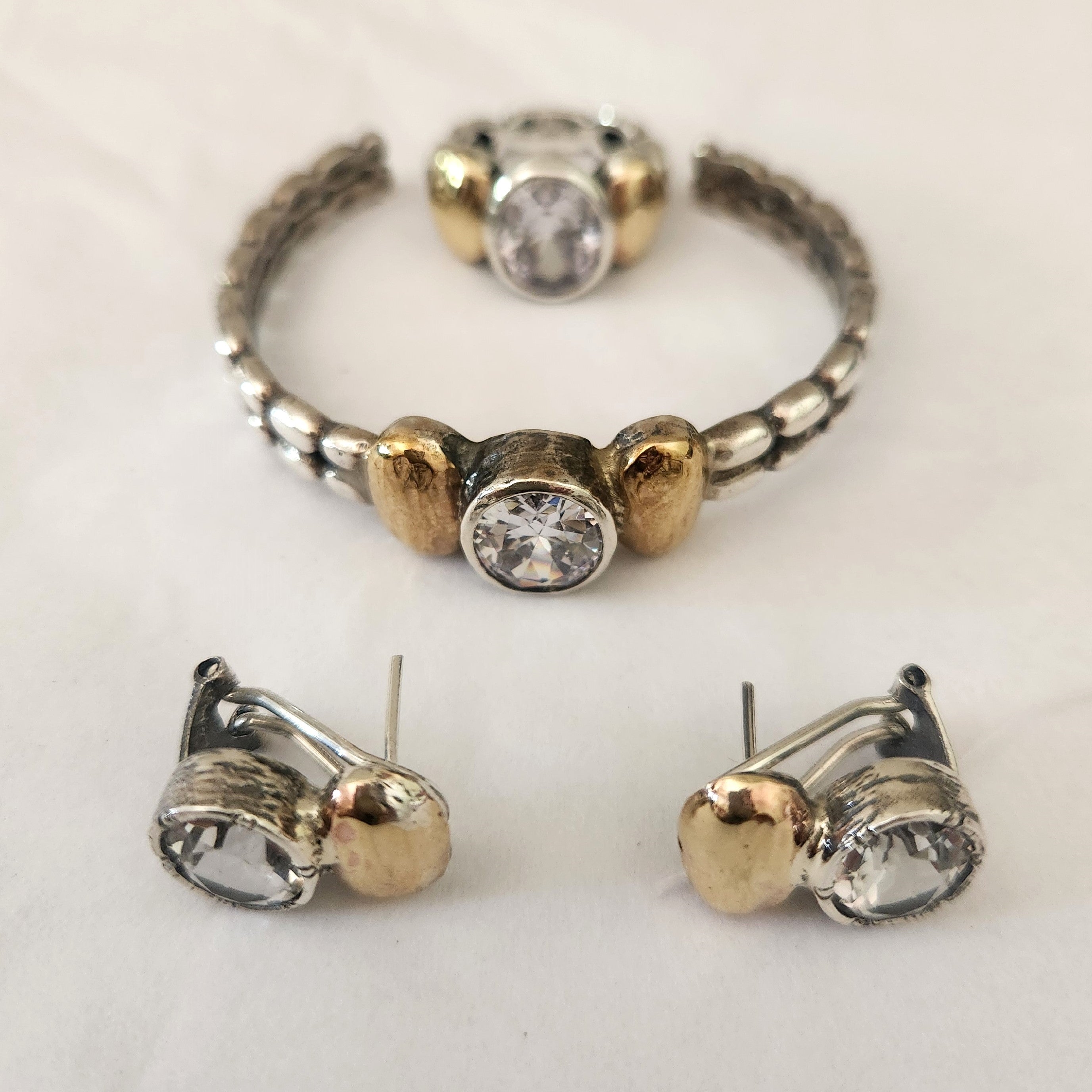 "Celeste"  Sterling Silver, 9ct Gold, and Zirconia Oval Earrings