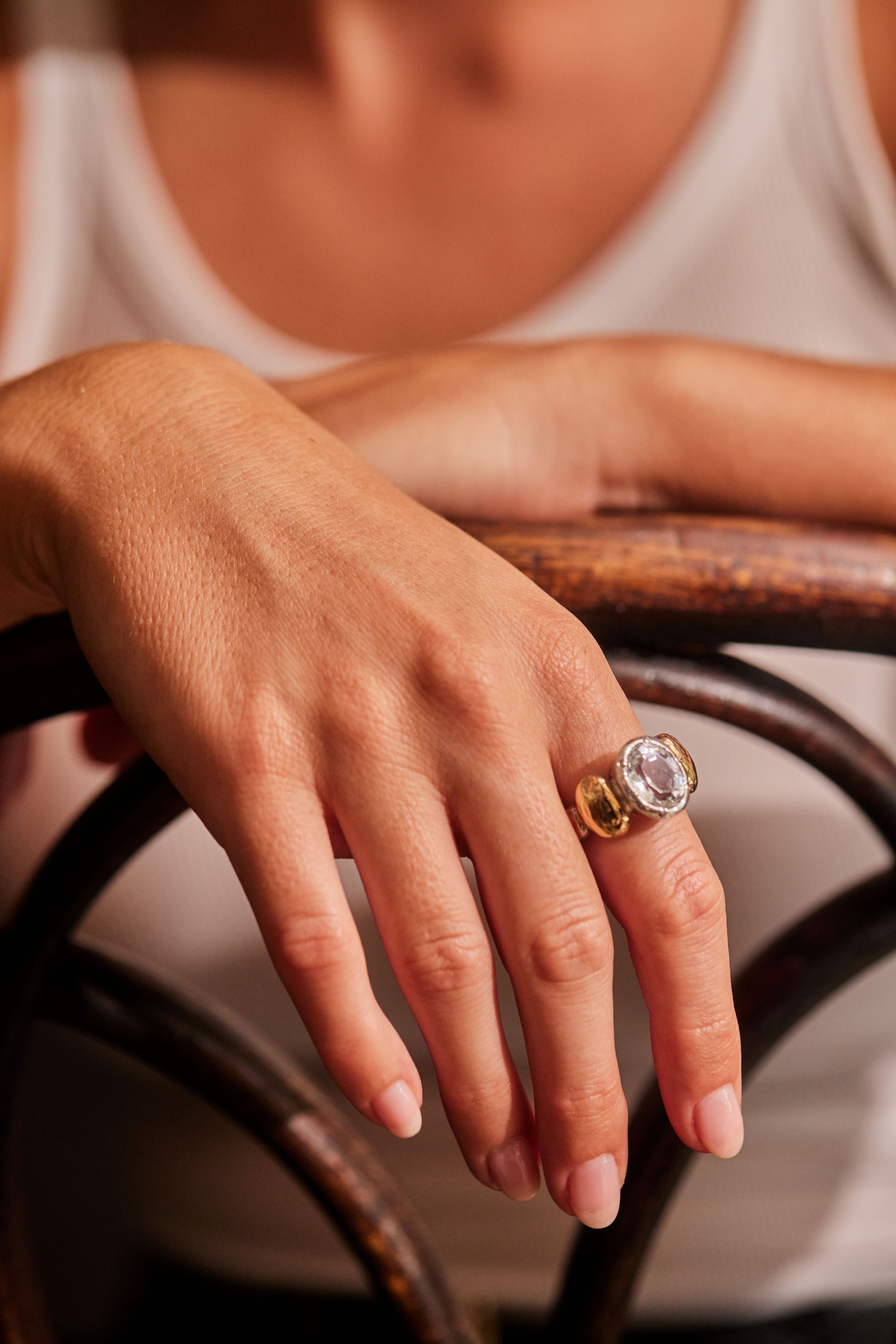 "Celeste" Sterling Silver Ring with Centre Zirconia and 9ct gold layered Pepita Flanks