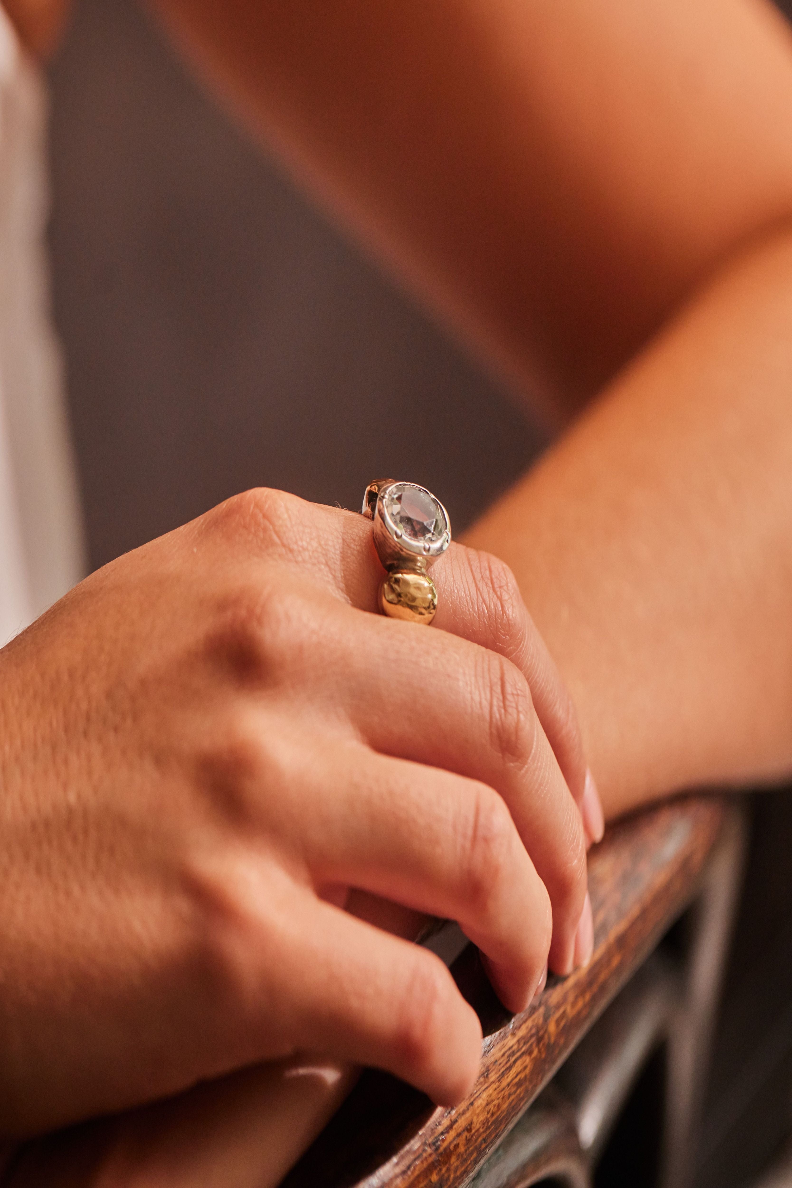 "Celeste" Sterling Silver Ring with Centre Zirconia and 9ct gold layered Pepita Flanks