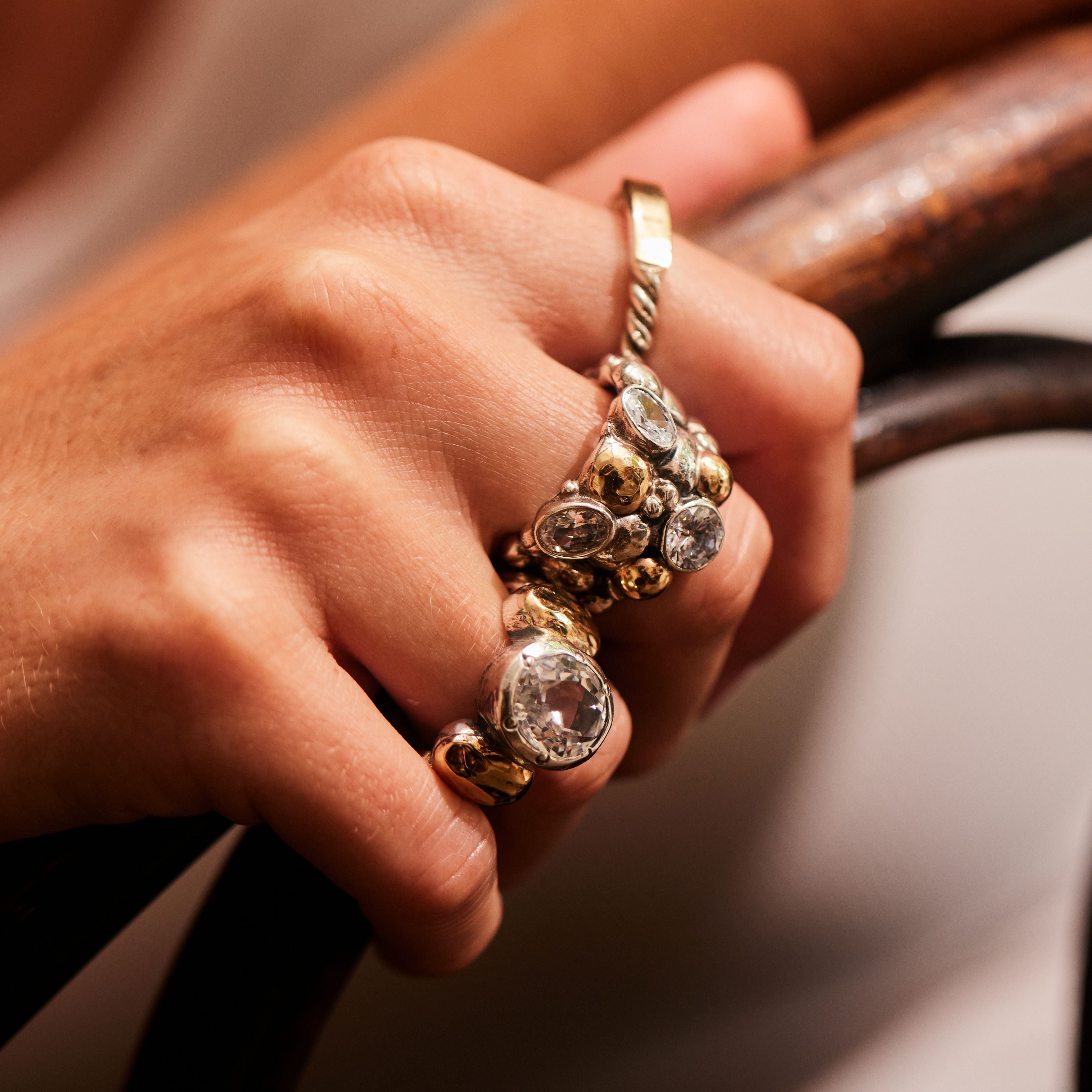 "Celeste" Sterling Silver Ring with Centre Zirconia and 9ct gold layered Pepita Flanks
