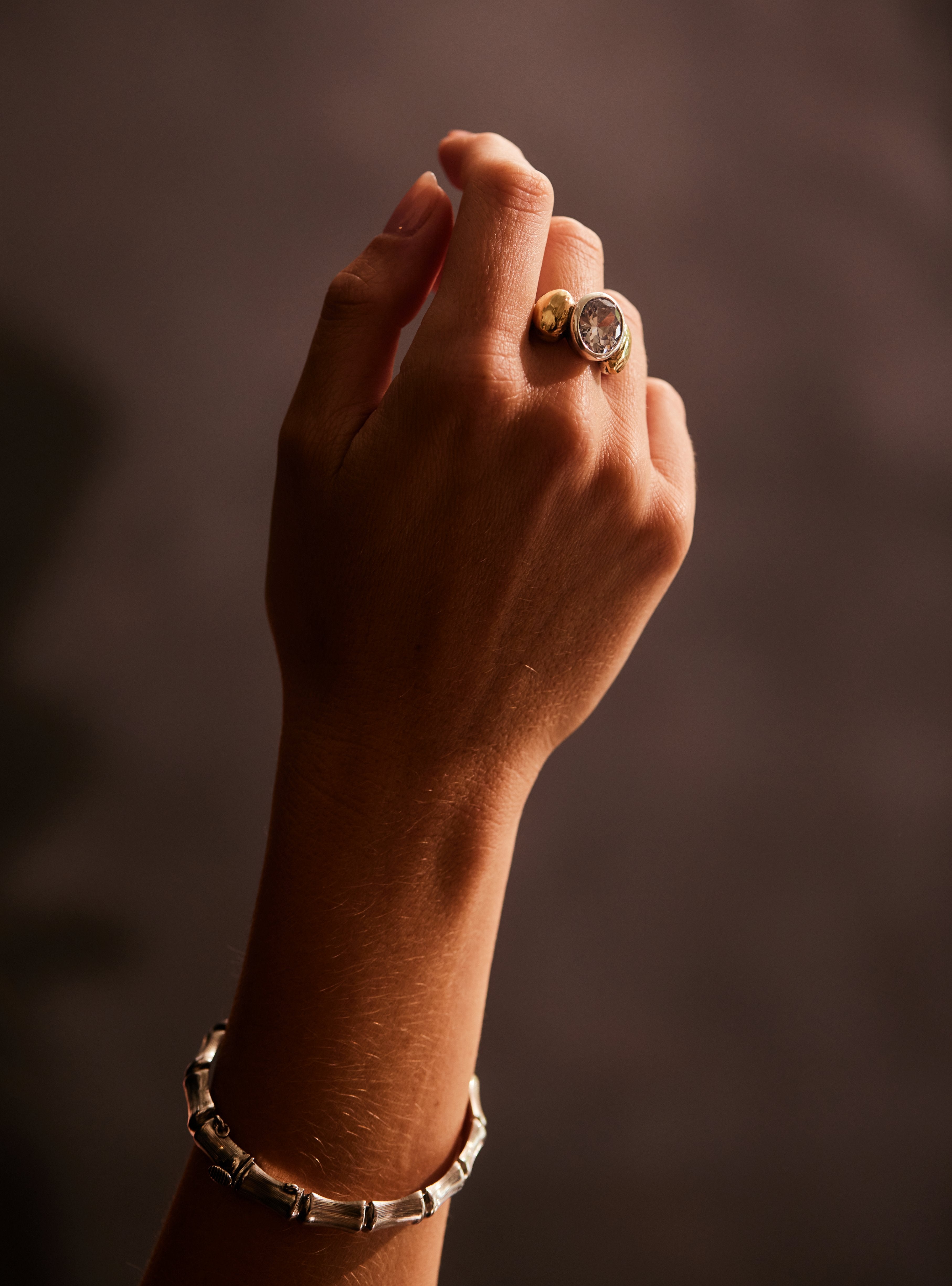 "Celeste" Sterling Silver Ring with Centre Zirconia and 9ct gold layered Pepita Flanks