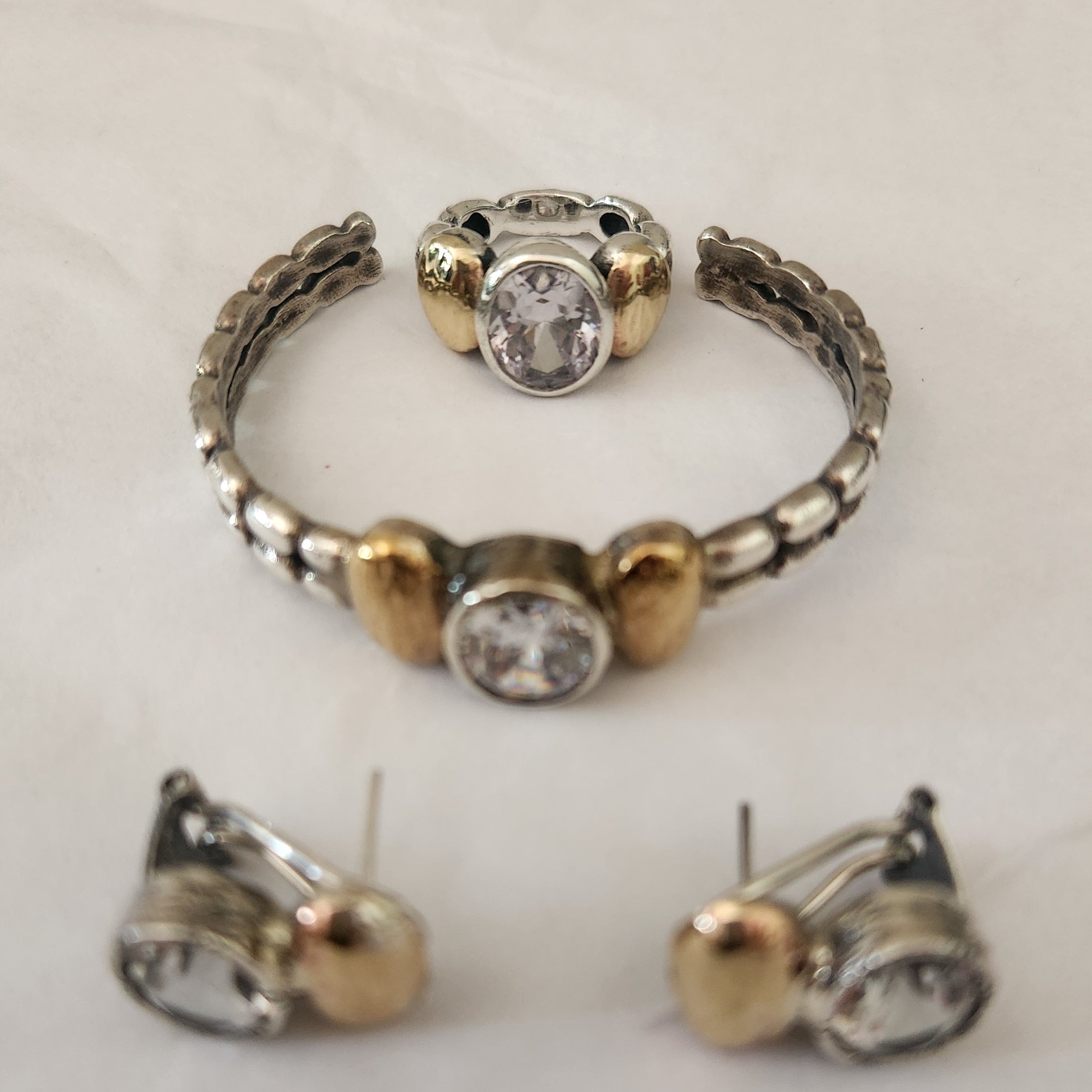 "Celeste" Sterling Silver Ring with Centre Zirconia and 9ct gold layered Pepita Flanks