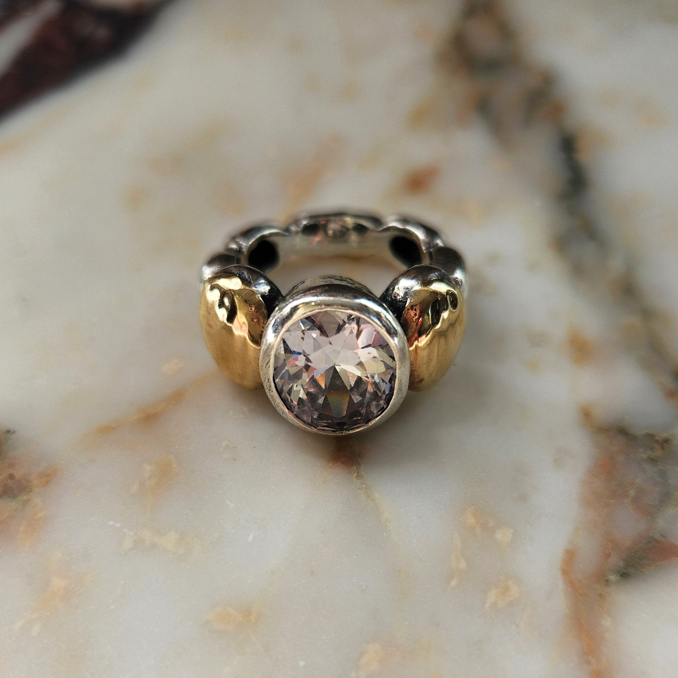 "Celeste" Sterling Silver Ring with Centre Zirconia and 9ct gold layered Pepita Flanks
